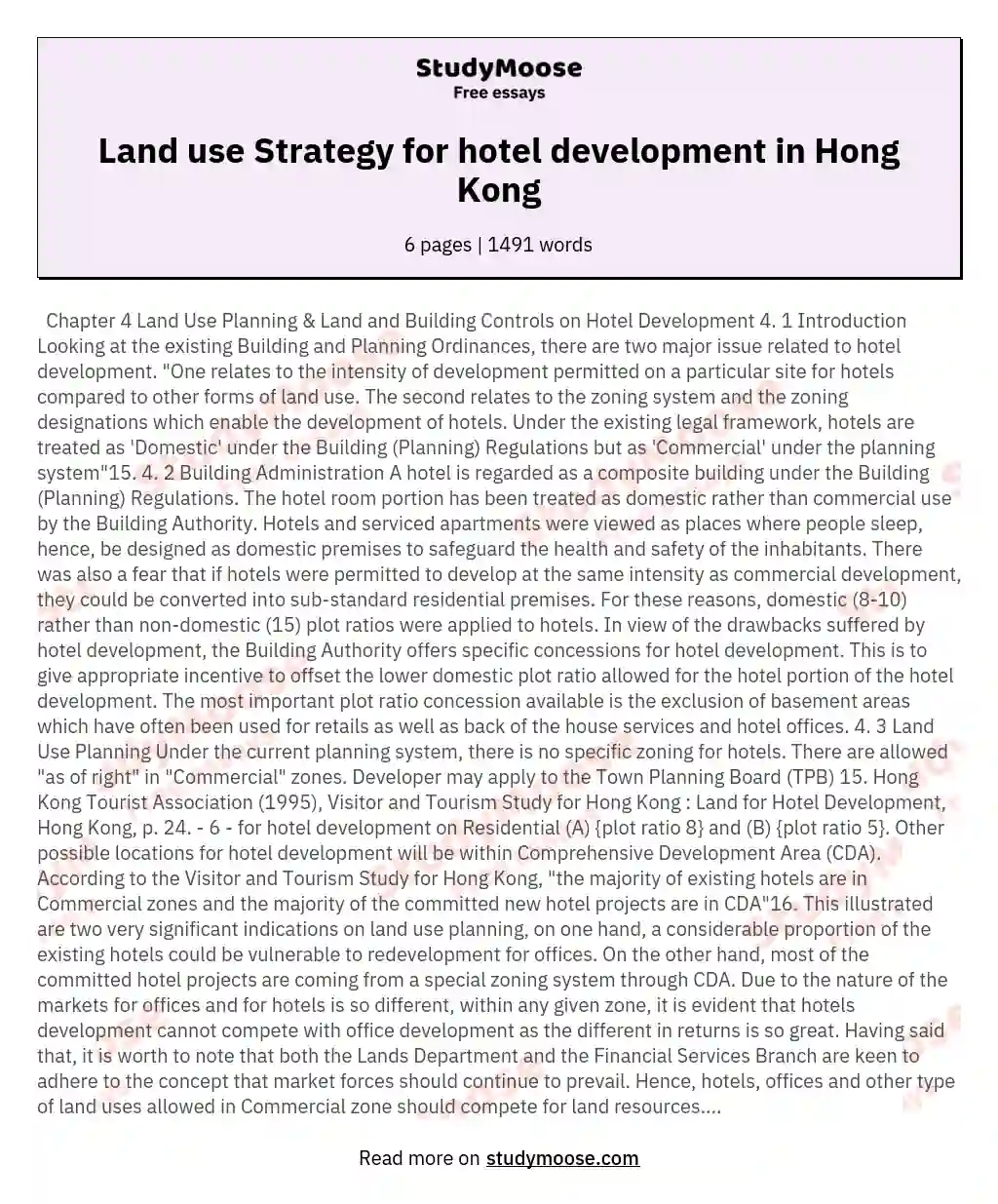 Land use Strategy for hotel development in Hong Kong essay