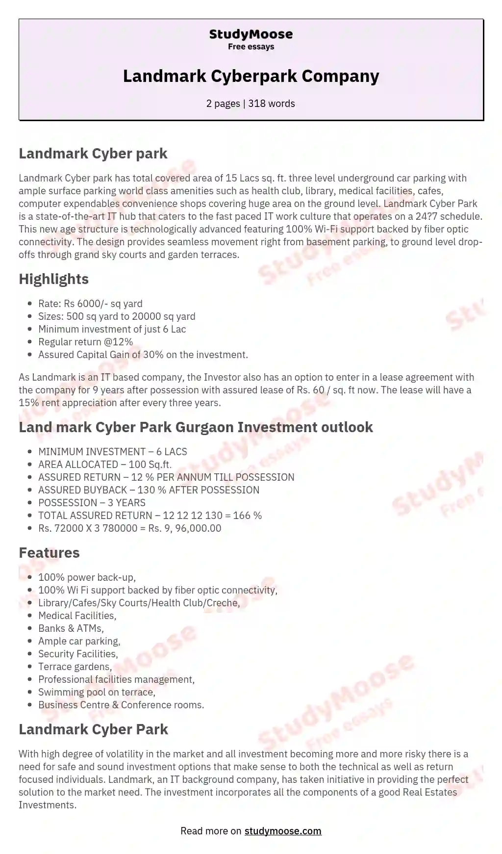 Landmark Cyberpark Company essay