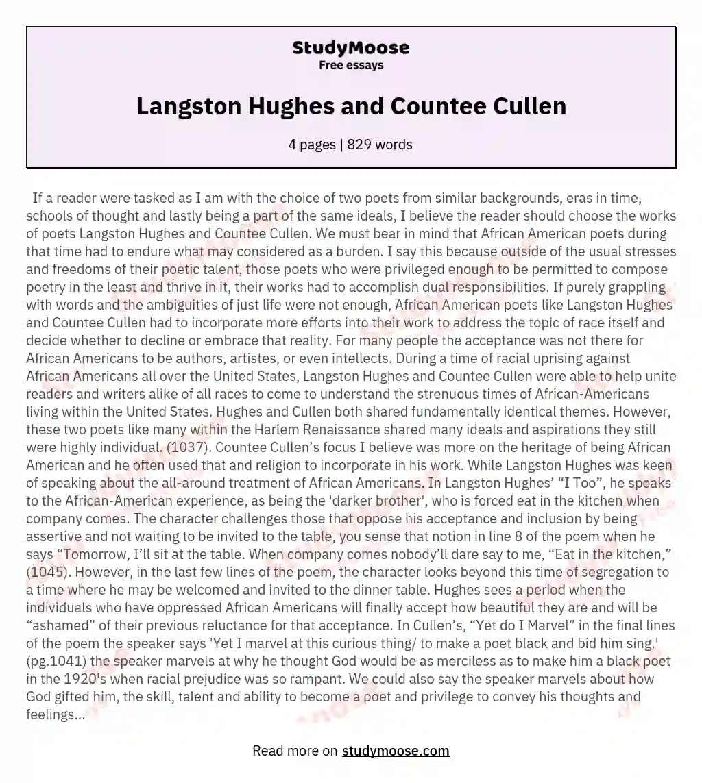 Langston Hughes and Countee Cullen essay