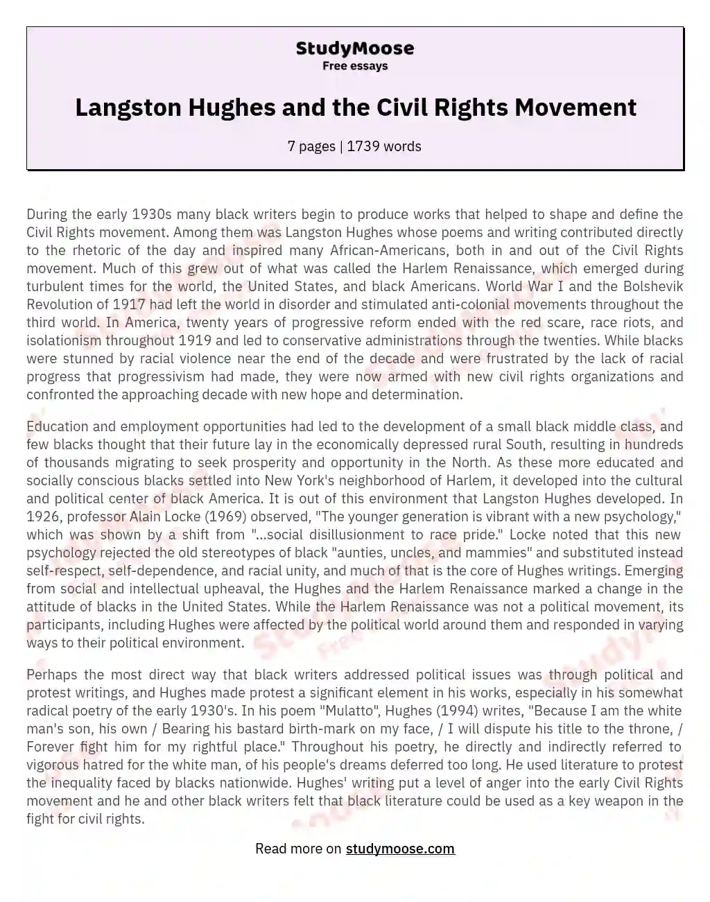Langston Hughes and the Civil Rights Movement essay