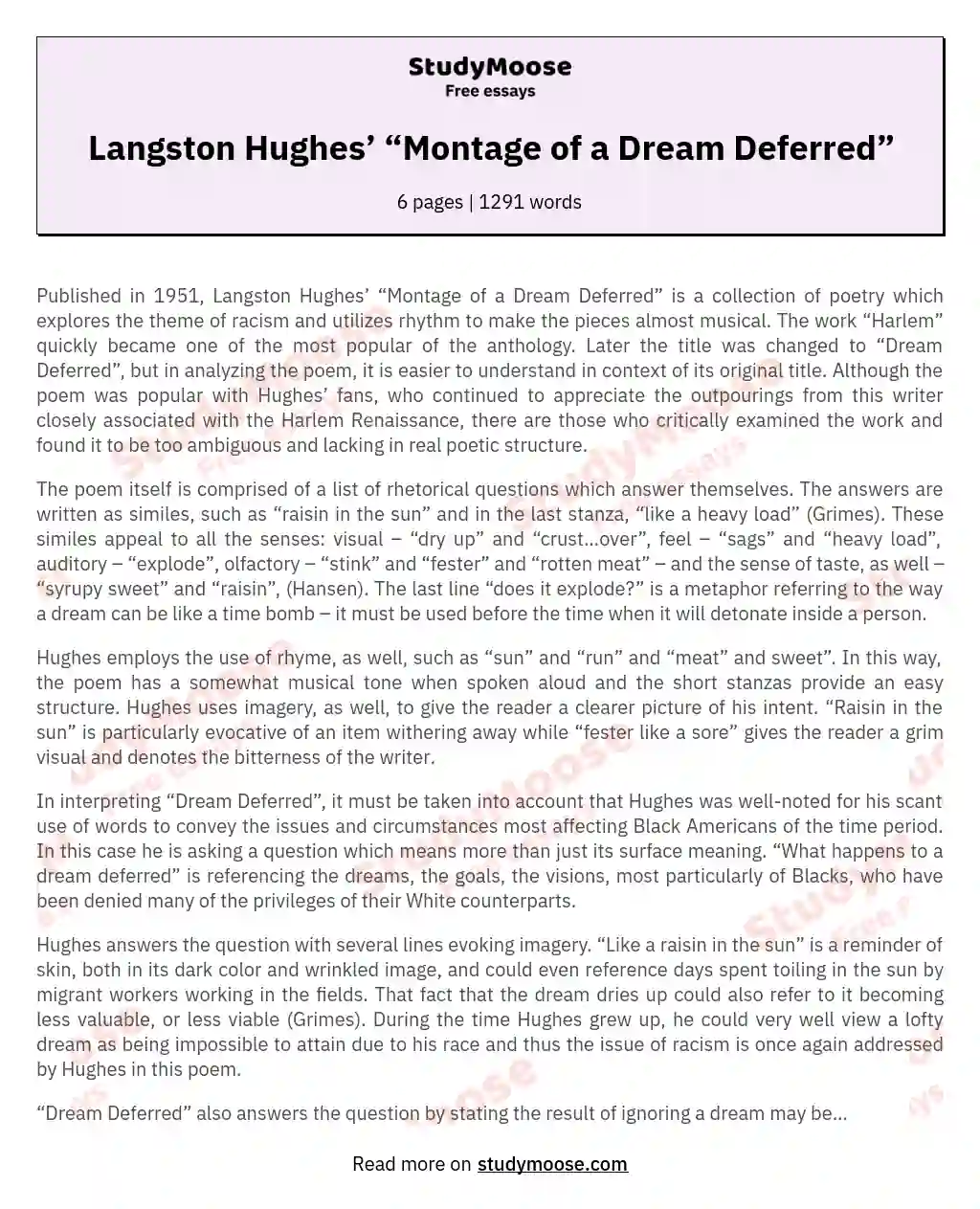 Langston Hughes’ “Montage of a Dream Deferred” essay