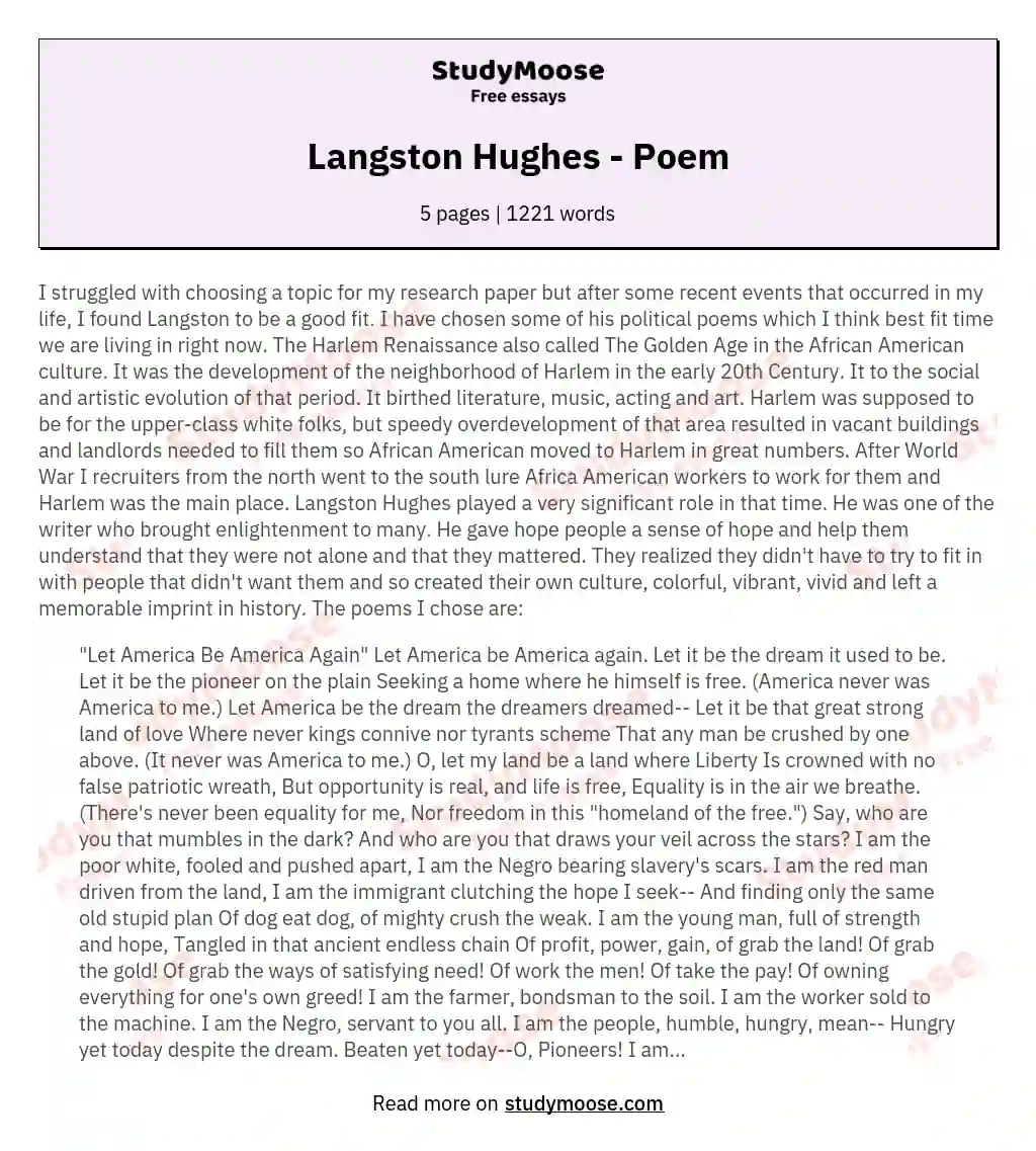 Langston Hughes - Poem essay