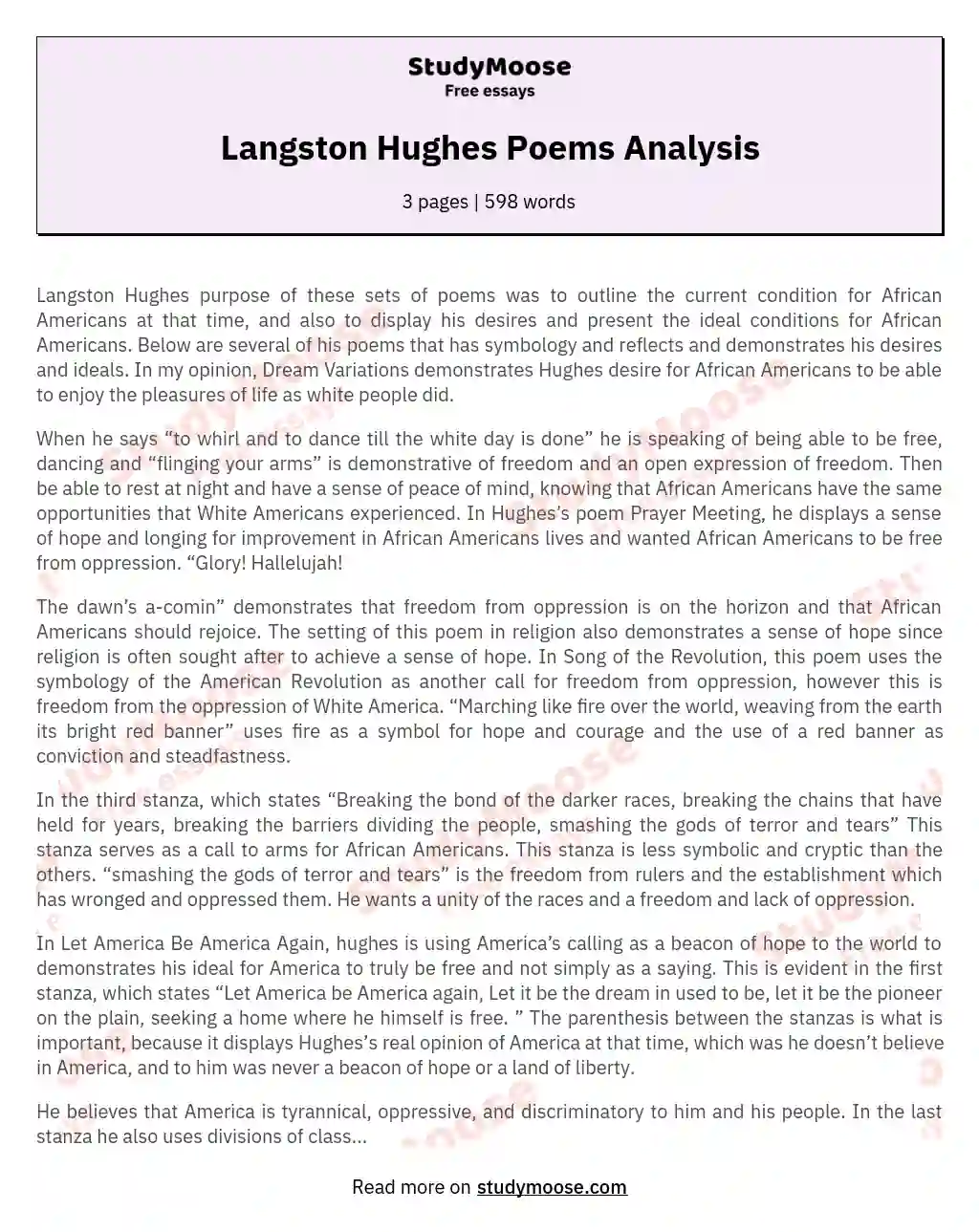 Langston Hughes Poems Analysis essay