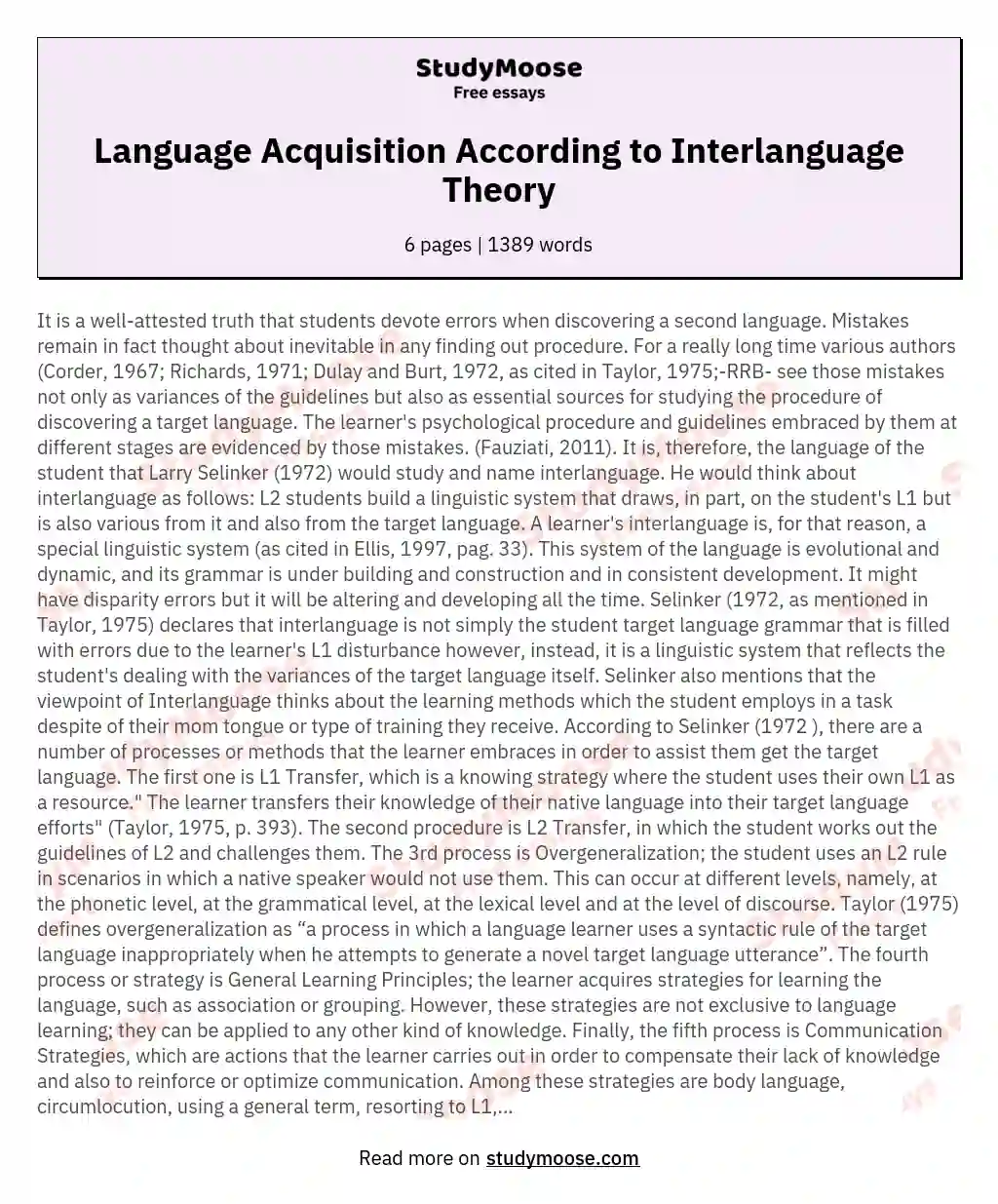 Language Acquisition According to Interlanguage Theory essay