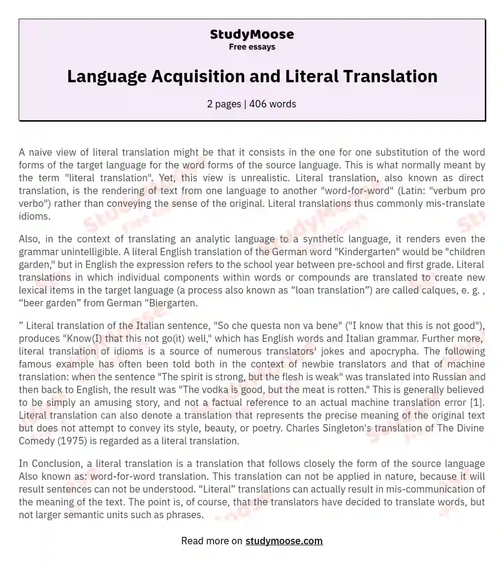 Language Acquisition and Literal Translation
