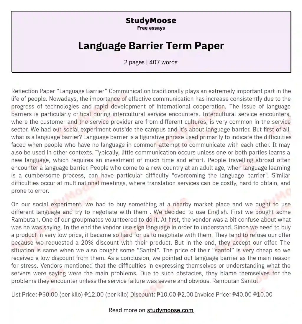 Language Barrier Term Paper essay