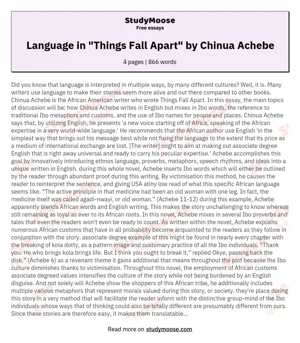 Language in "Things Fall Apart" by Chinua Achebe essay