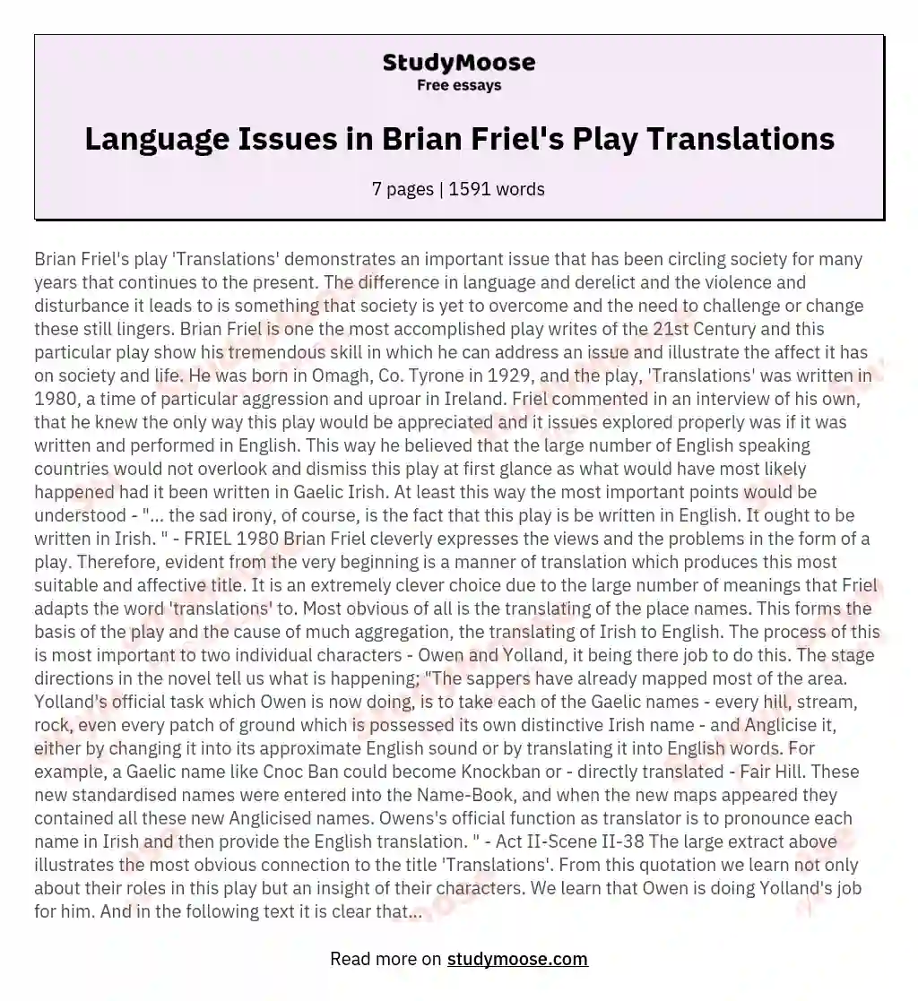Language Issues in Brian Friel's Play Translations essay
