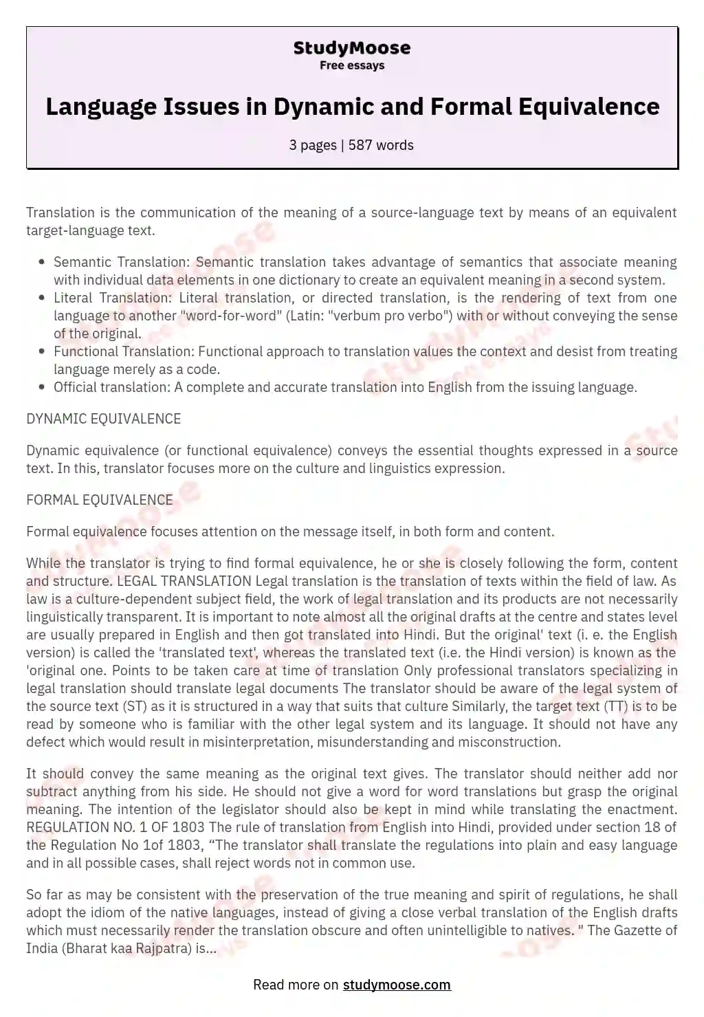 Language Issues in Dynamic and Formal Equivalence essay