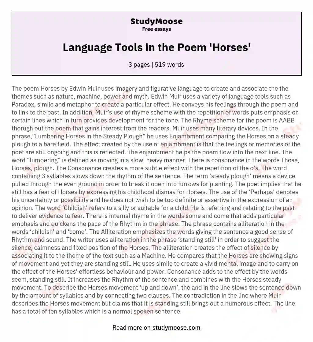 Language Tools in the Poem 'Horses' essay
