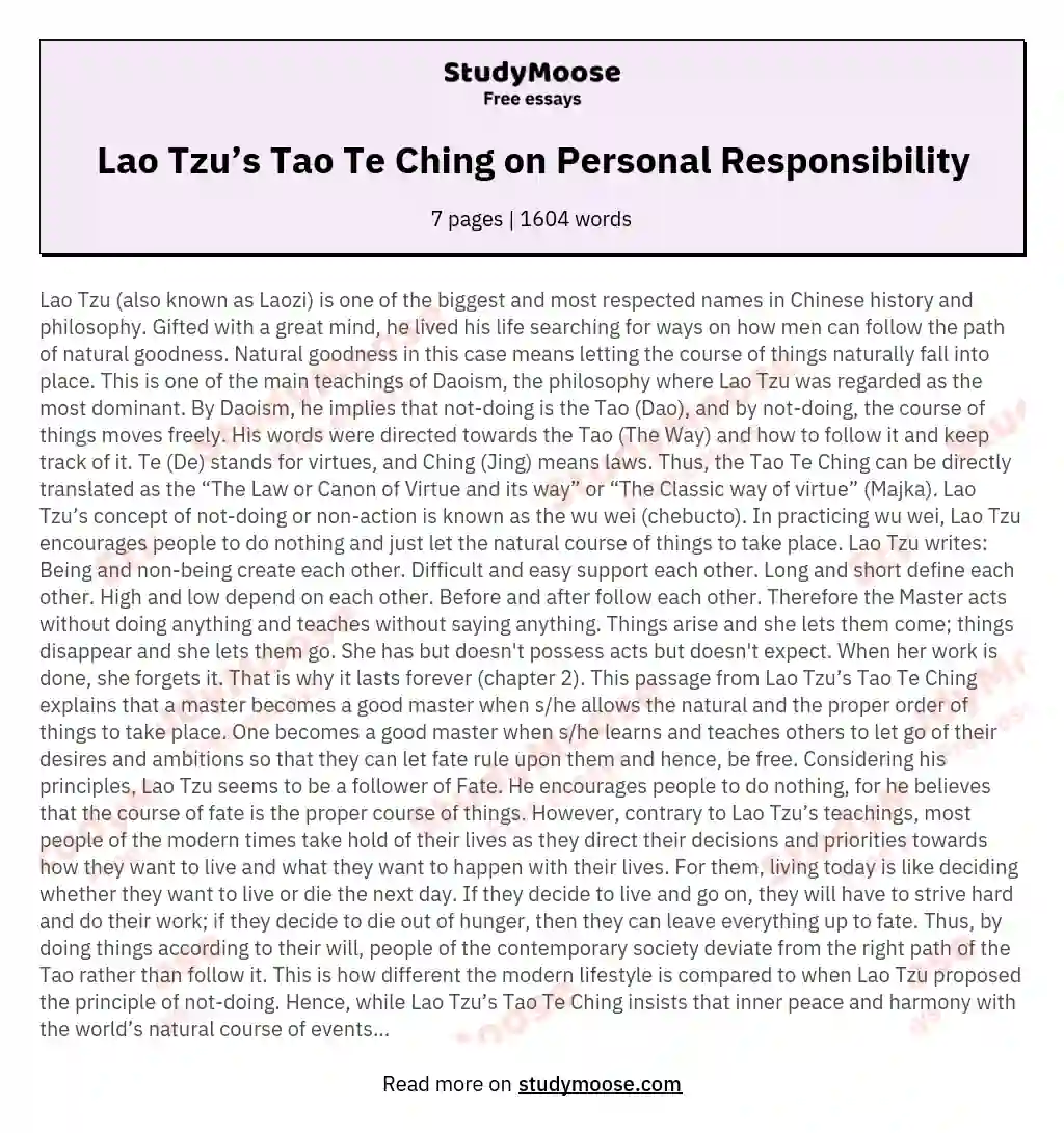 Lao Tzu’s Tao Te Ching on Personal Responsibility essay