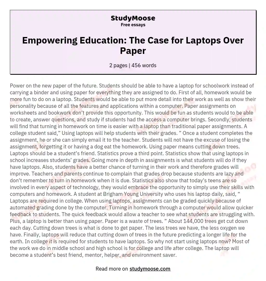 Empowering Education: The Case for Laptops Over Paper essay