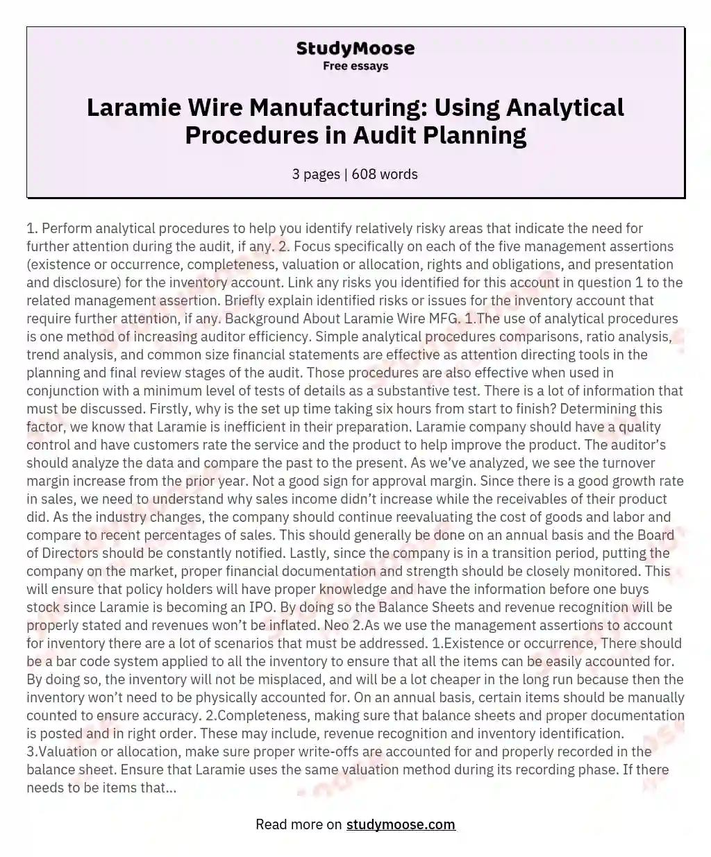 Laramie Wire Manufacturing: Using Analytical Procedures in Audit Planning essay