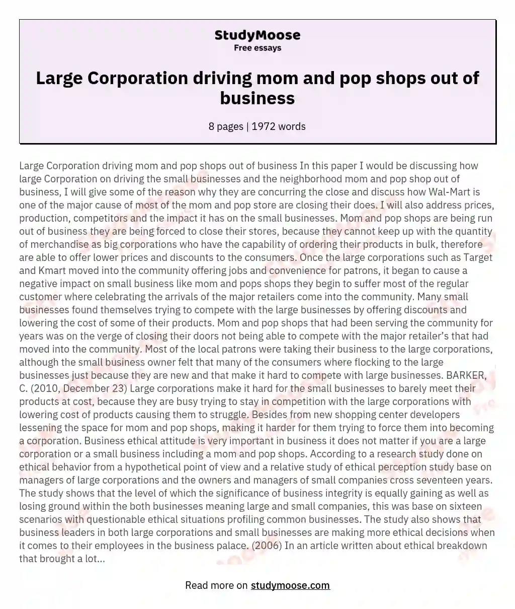 Large Corporation driving mom and pop shops out of business