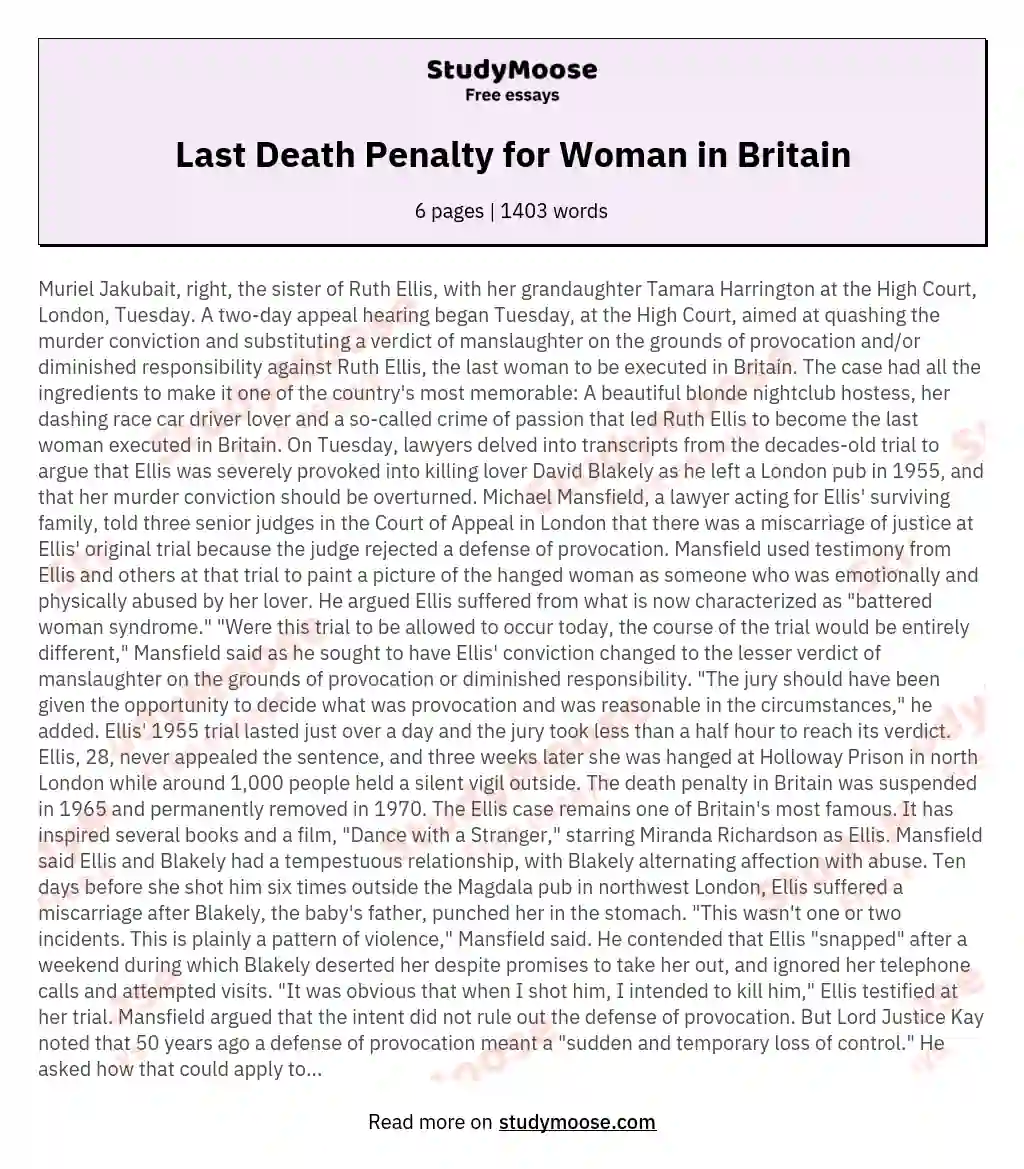Last Death Penalty for Woman in Britain essay