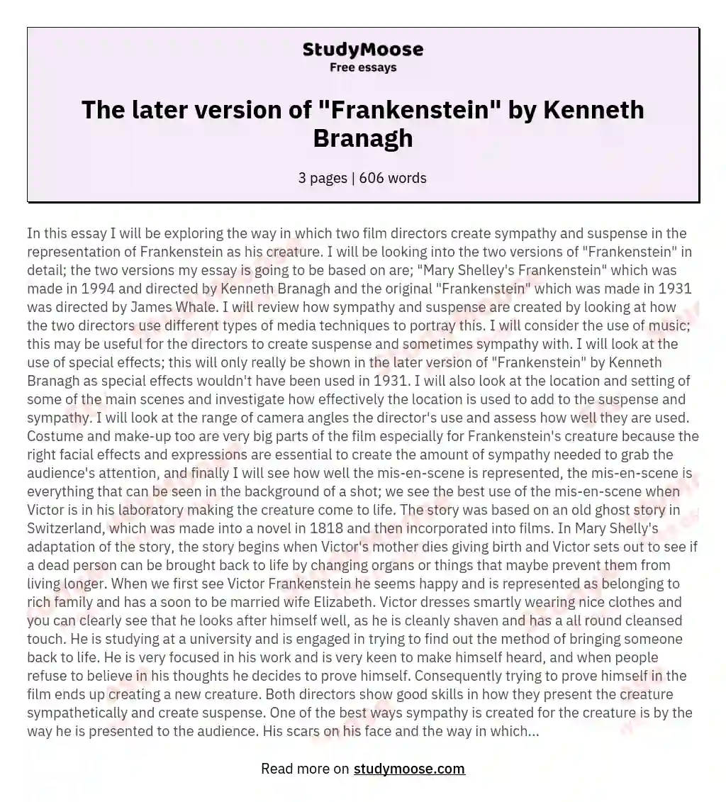 The later version of "Frankenstein" by Kenneth Branagh essay