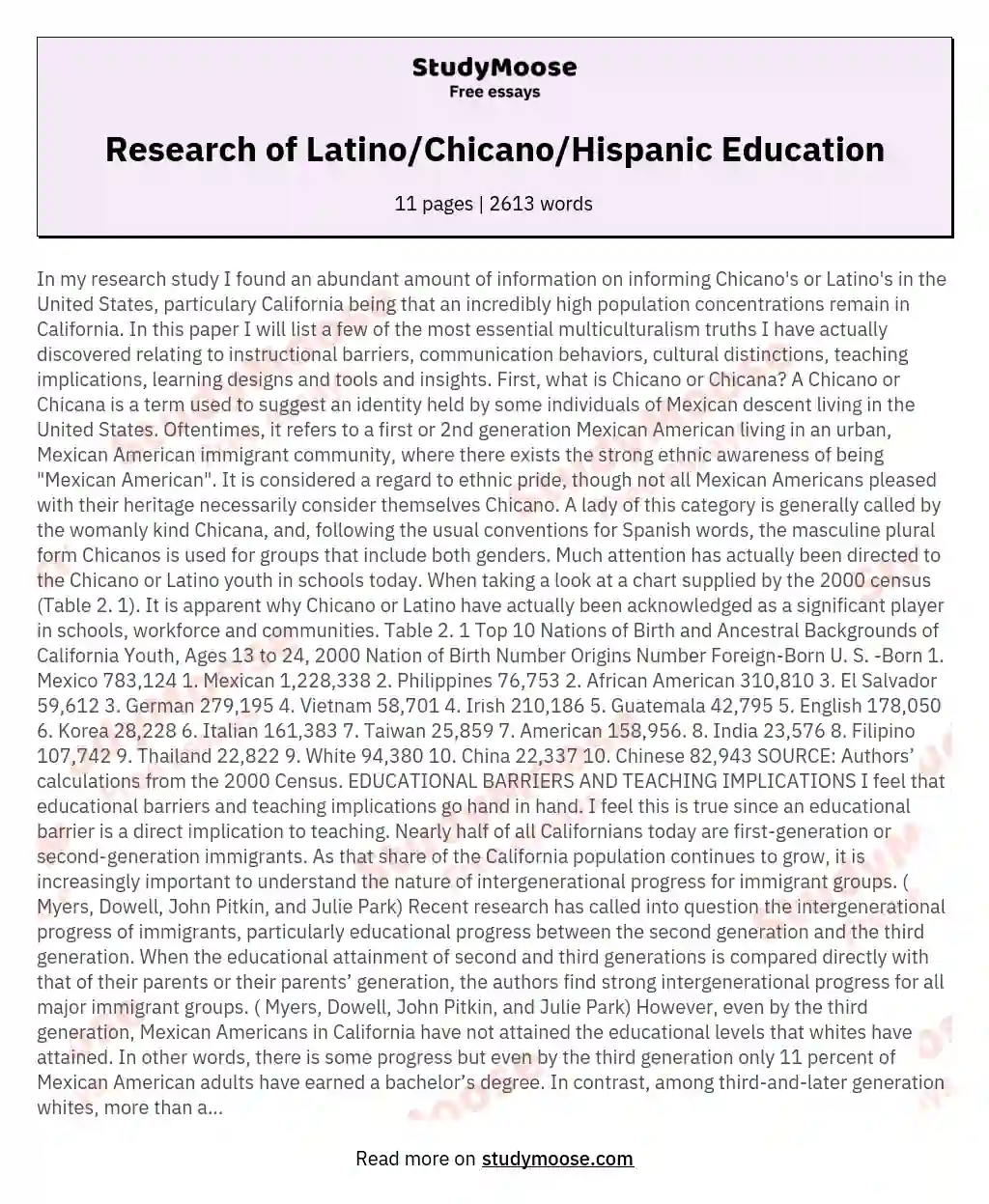 Research of Latino/Chicano/Hispanic Education