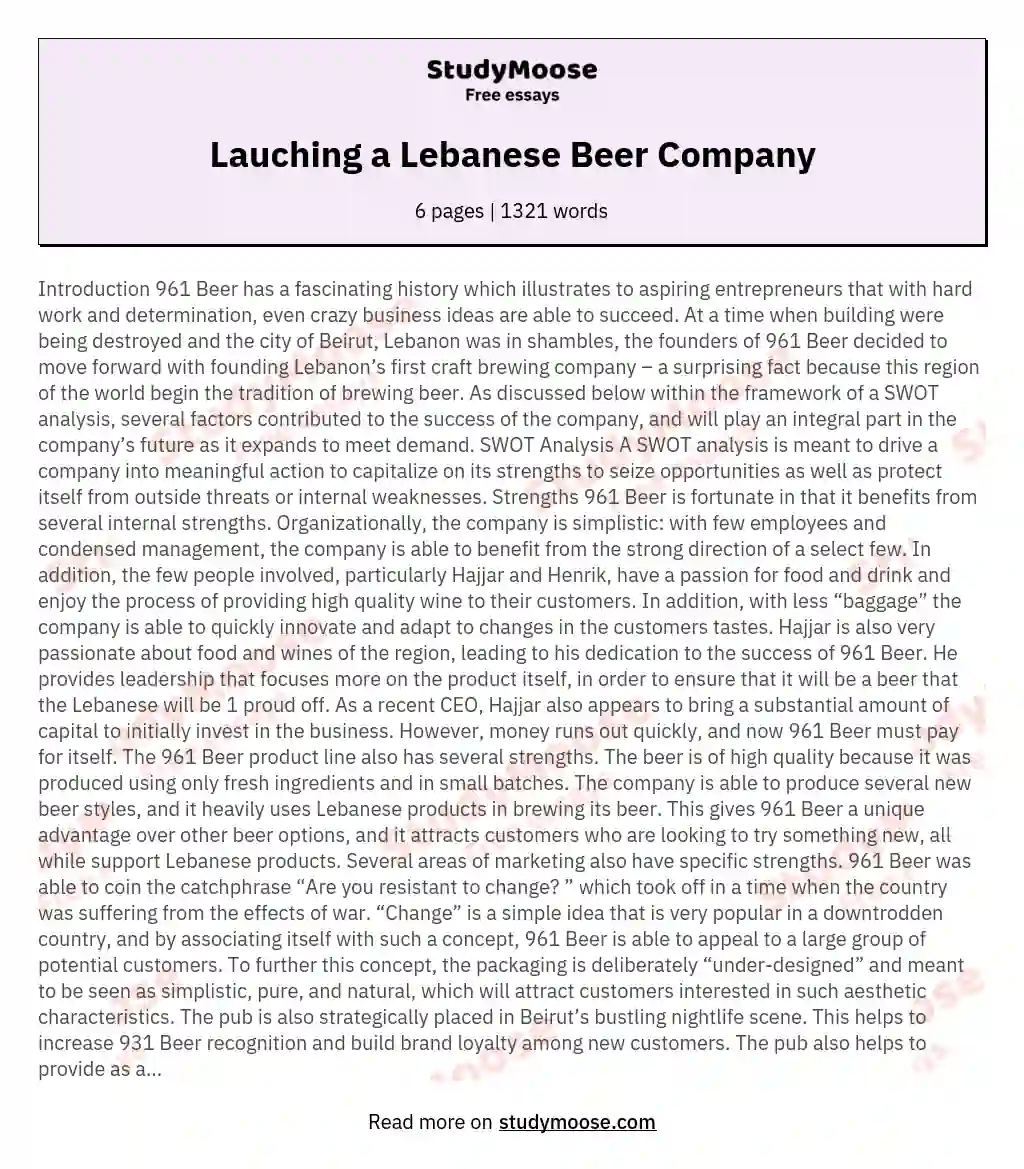 Lauching a Lebanese Beer Company essay