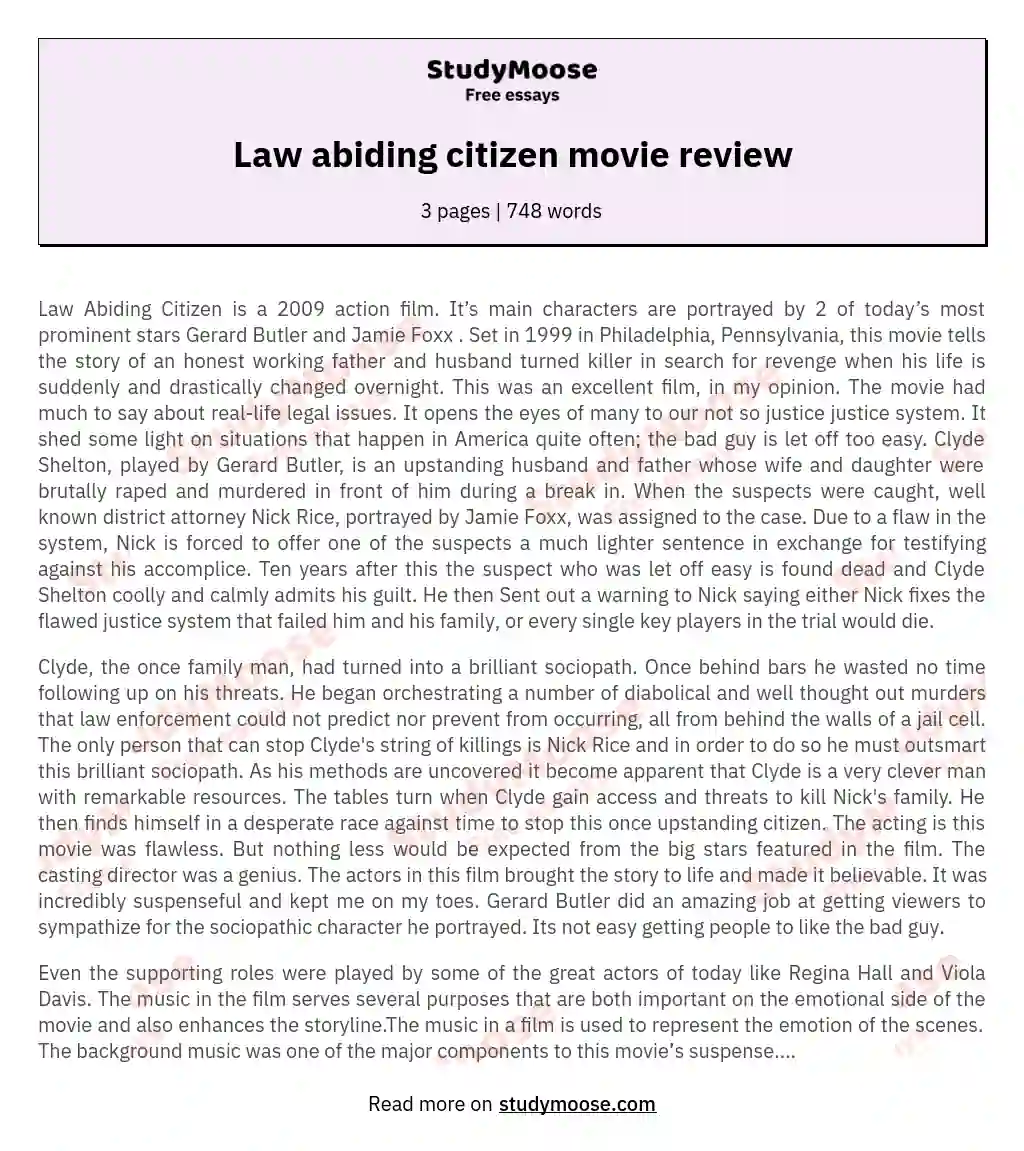 Law abiding citizen movie review essay