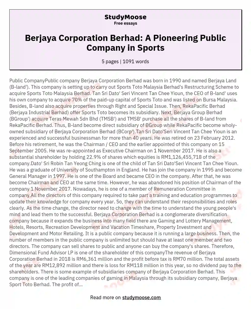 Berjaya Corporation Berhad: A Pioneering Public Company in Sports essay