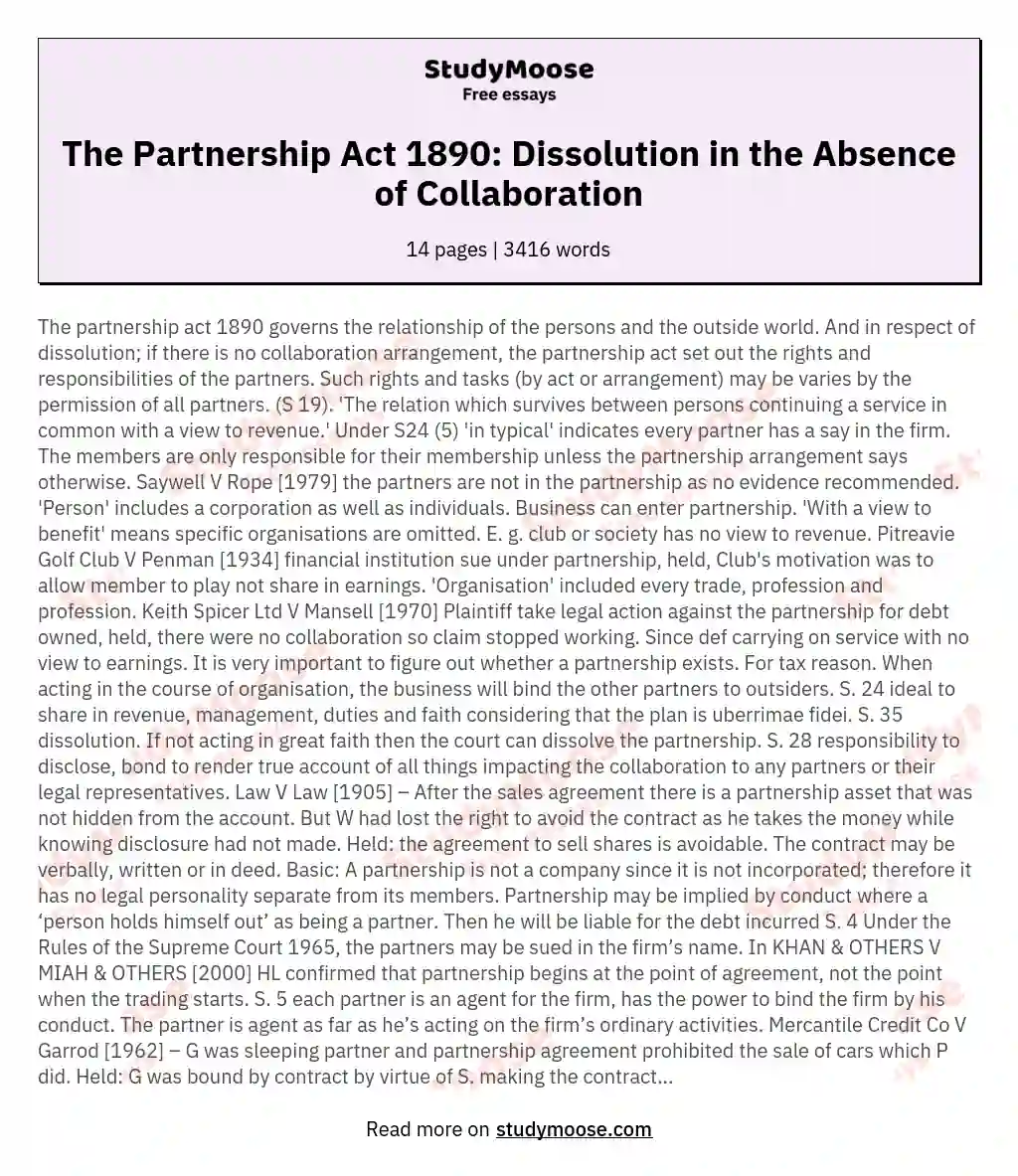 The Partnership Act 1890: Dissolution in the Absence of Collaboration essay