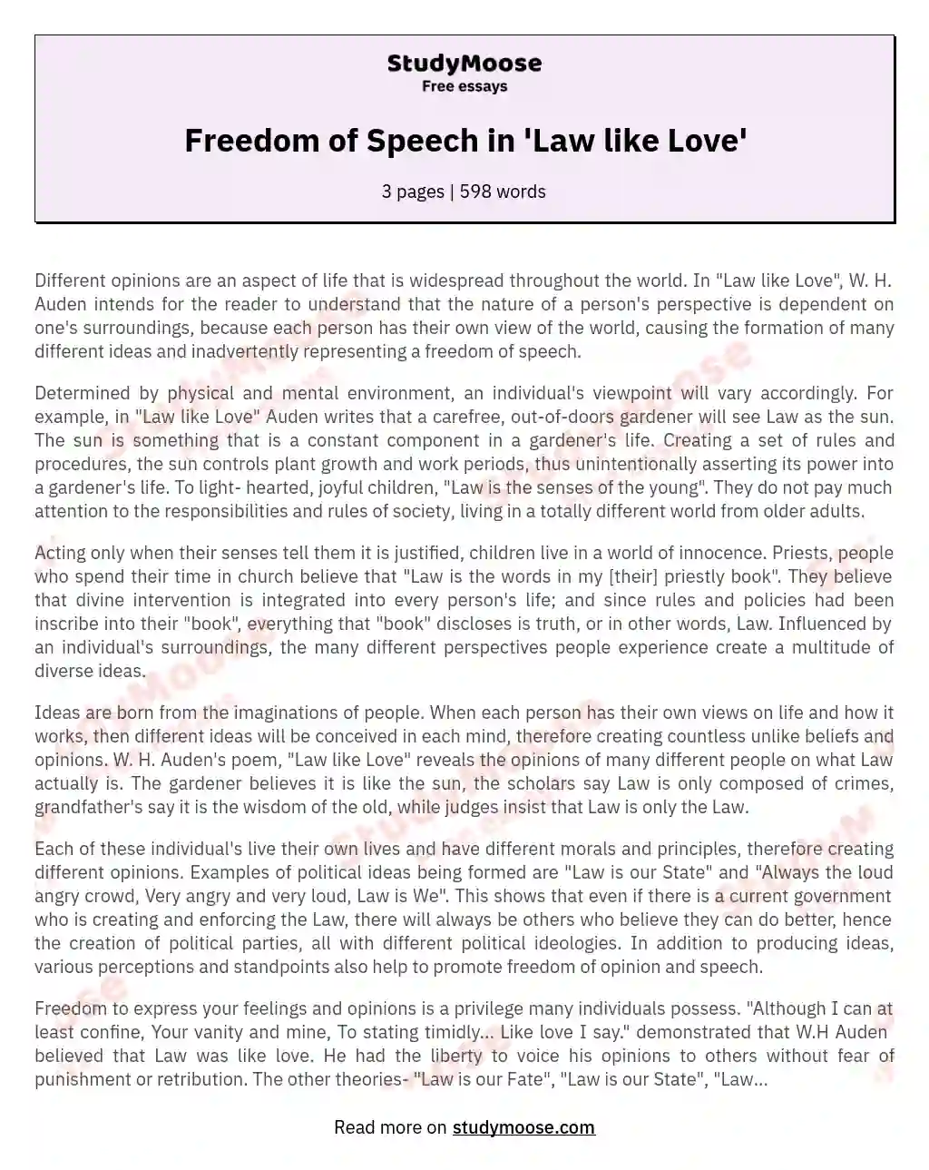 Freedom of Speech in 'Law like Love' essay