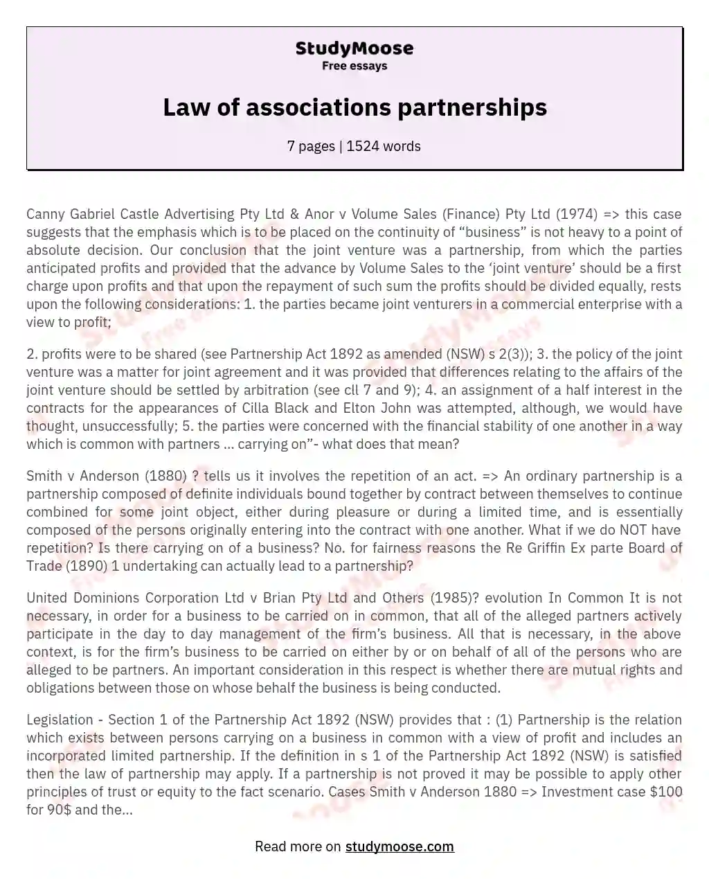 Law of associations partnerships essay