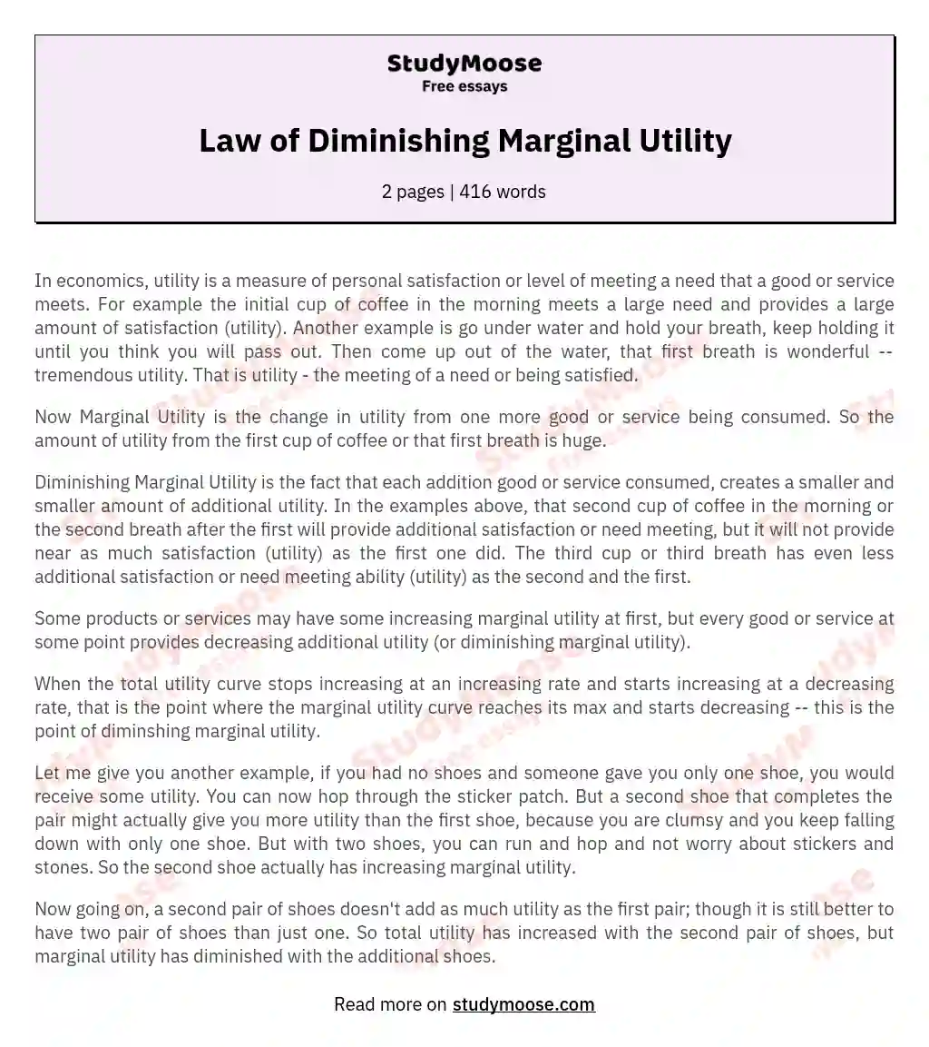 Law of Diminishing Marginal Utility essay