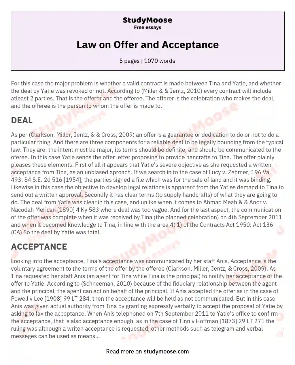 Law on Offer and Acceptance essay