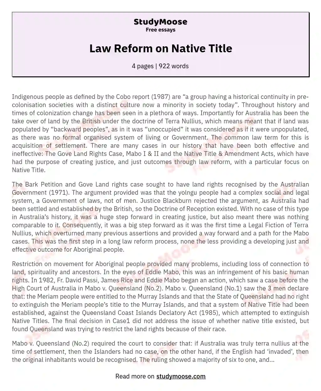 Law Reform on Native Title
