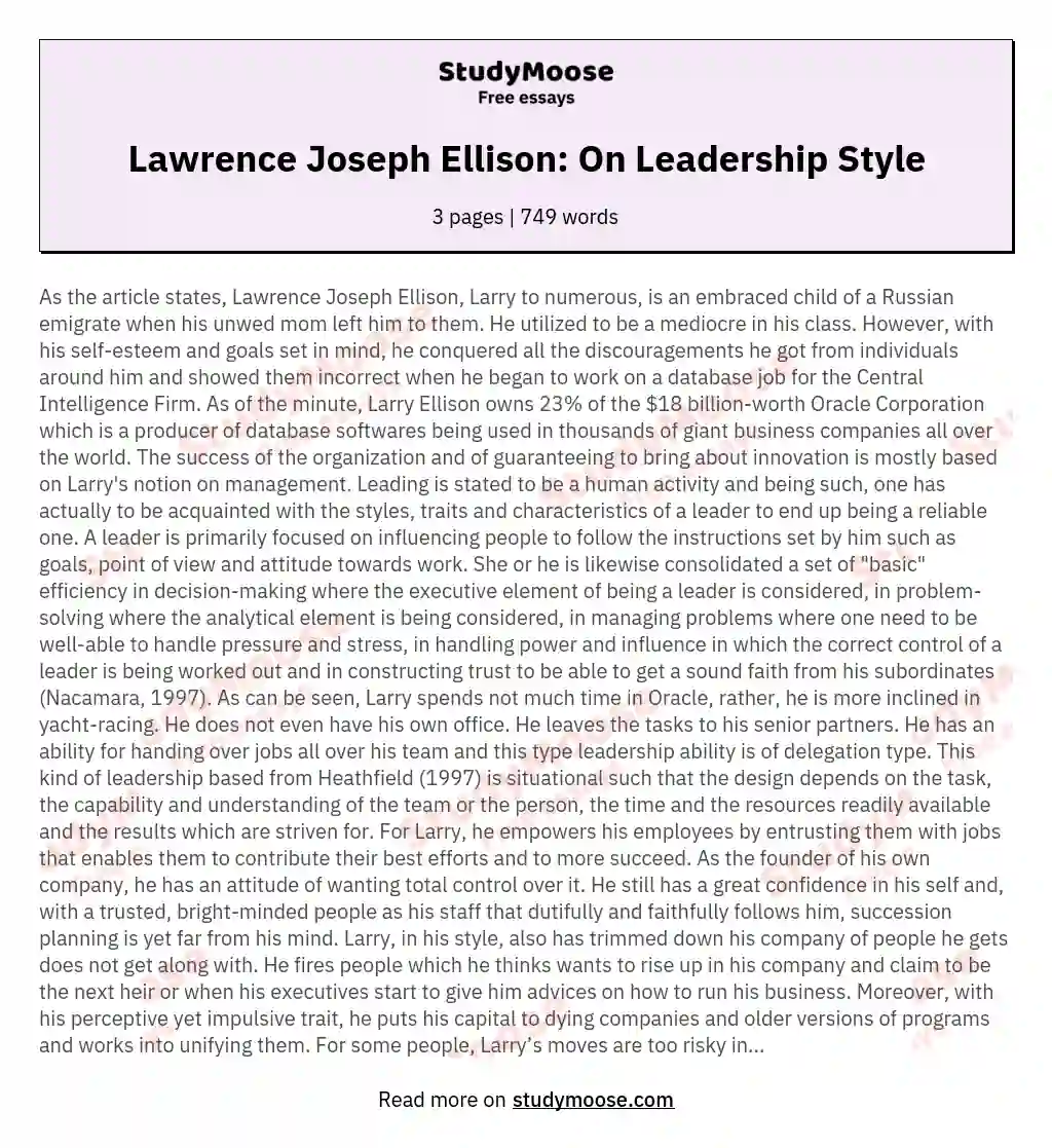 Lawrence Joseph Ellison: On Leadership Style essay