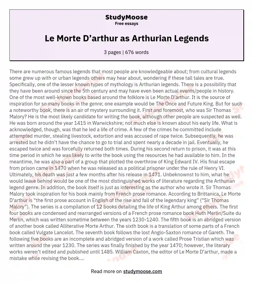Le Morte D’arthur as Arthurian Legends essay
