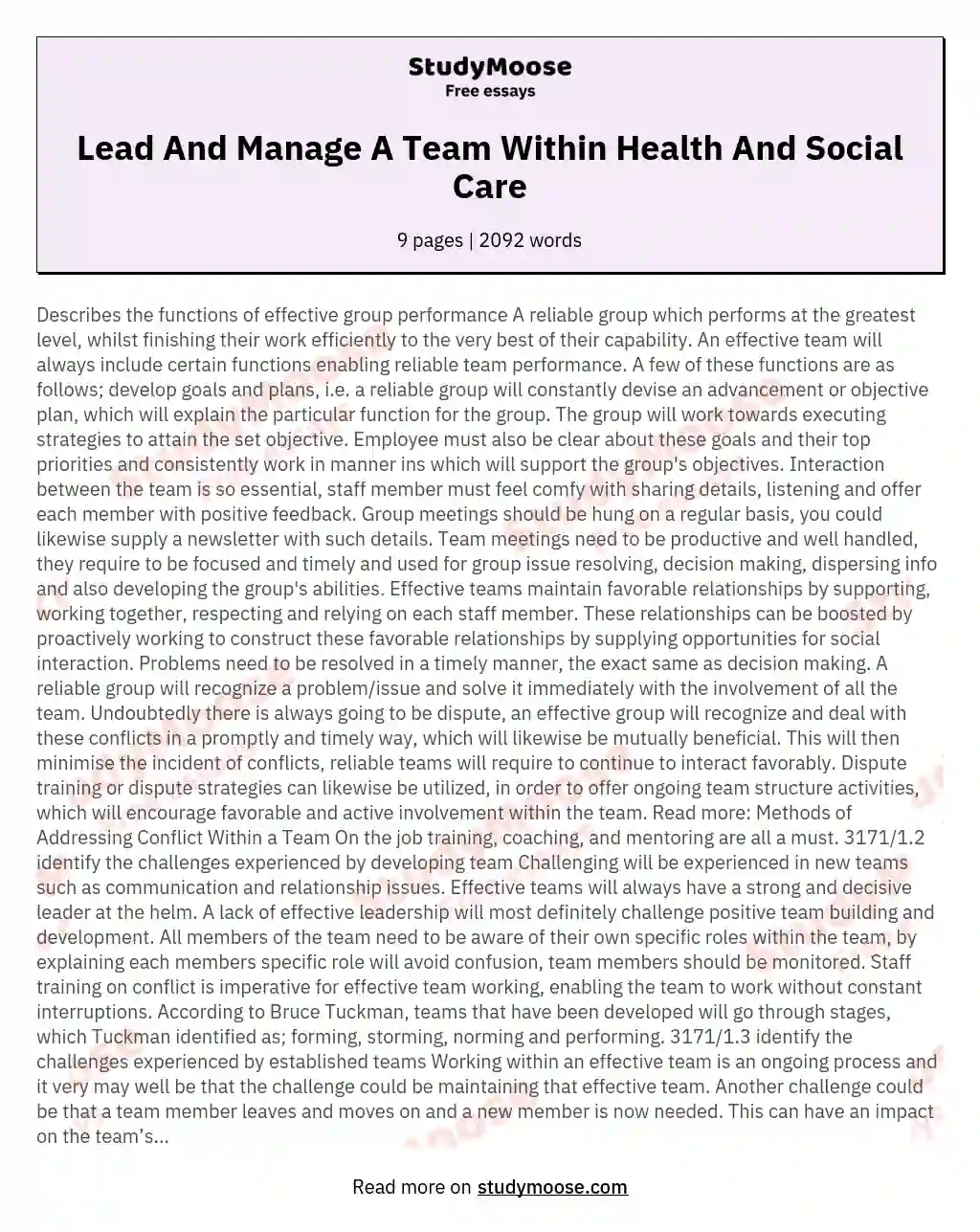 Lead And Manage A Team Within Health And Social Care essay