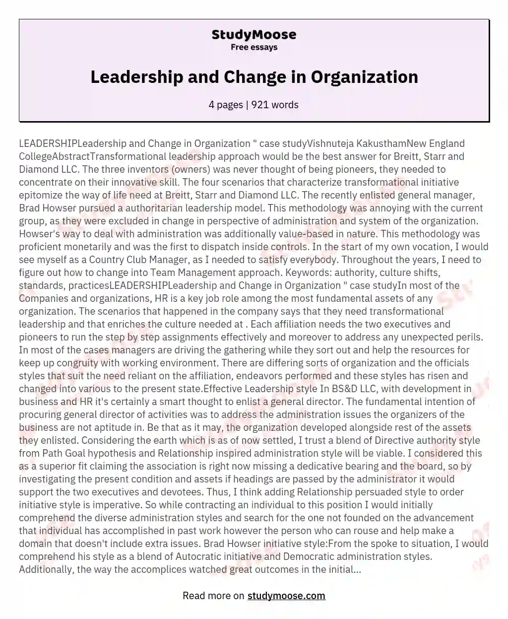 Leadership and Change in Organization essay