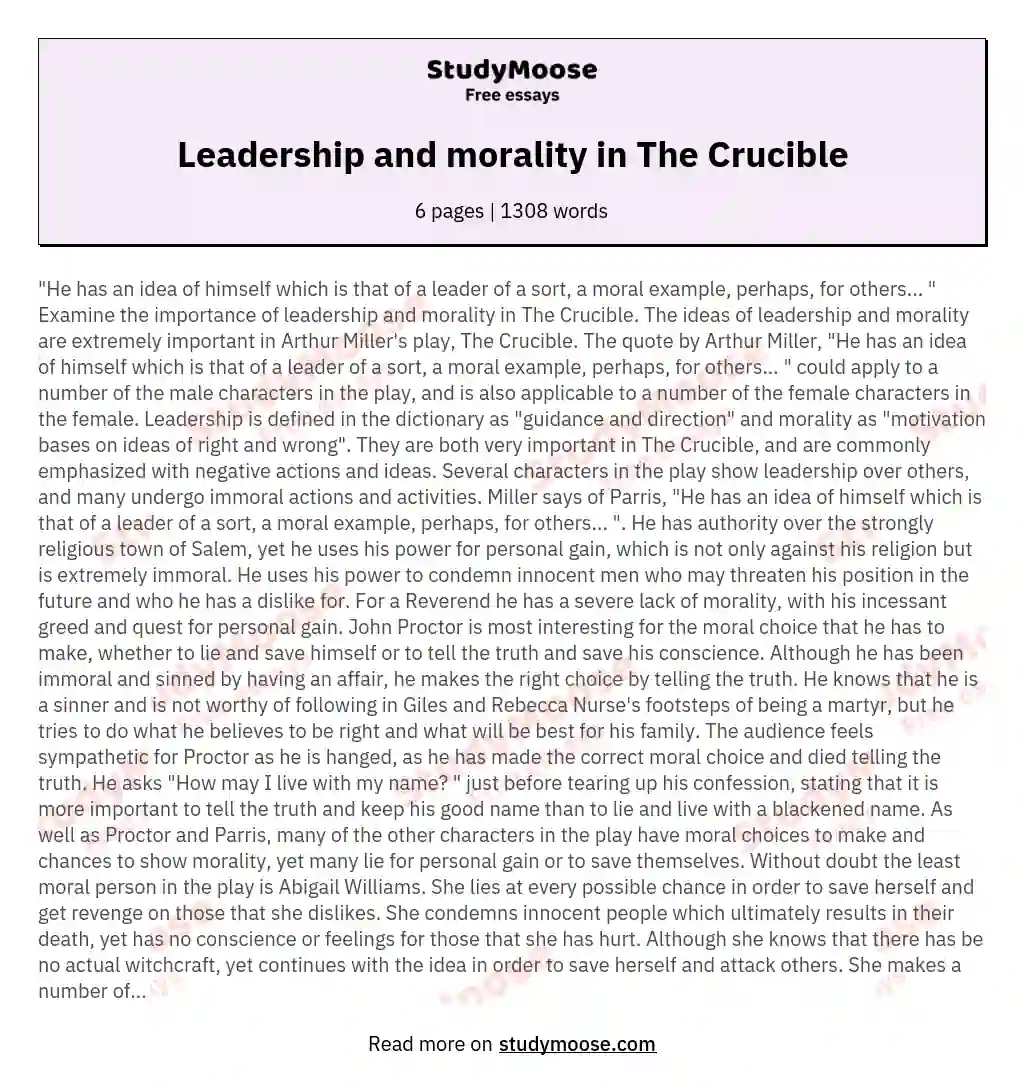 Leadership and morality in The Crucible essay