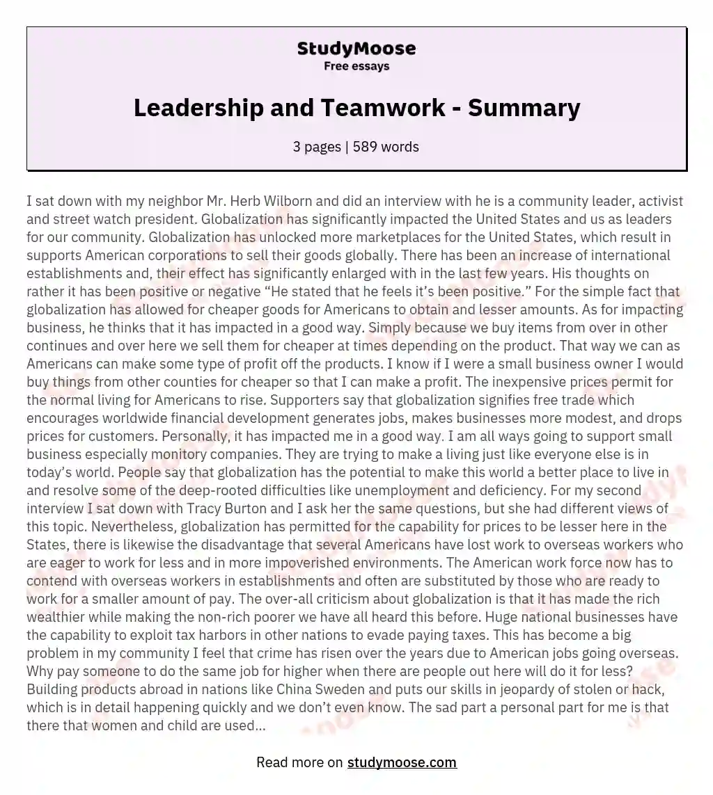 Leadership and Teamwork - Summary essay
