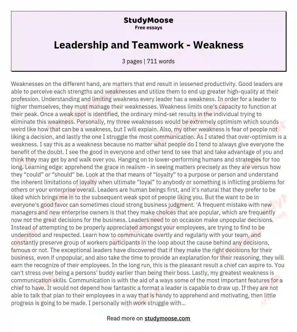 Leadership and Teamwork - Weakness essay