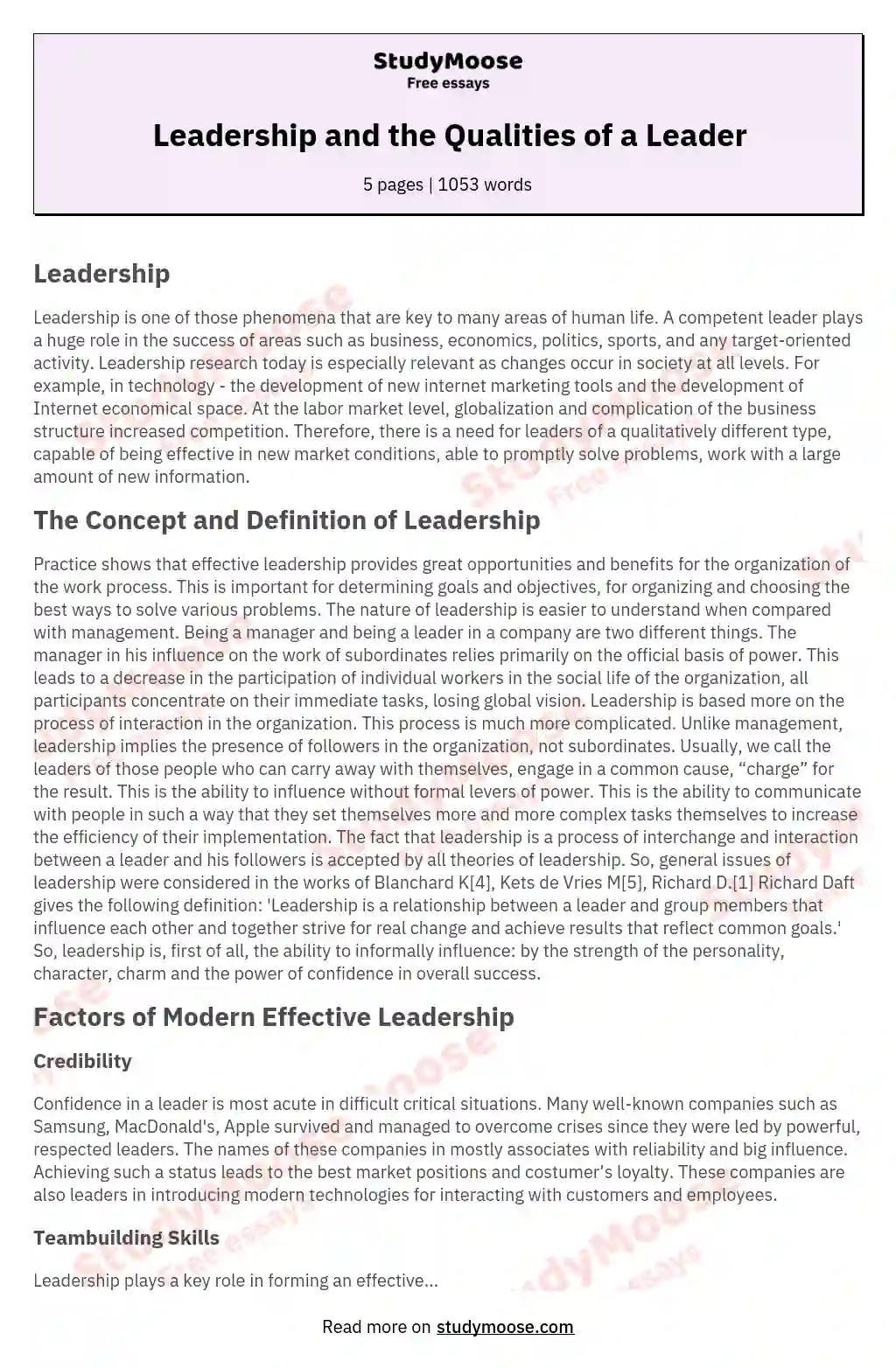 leadership qualities for essay