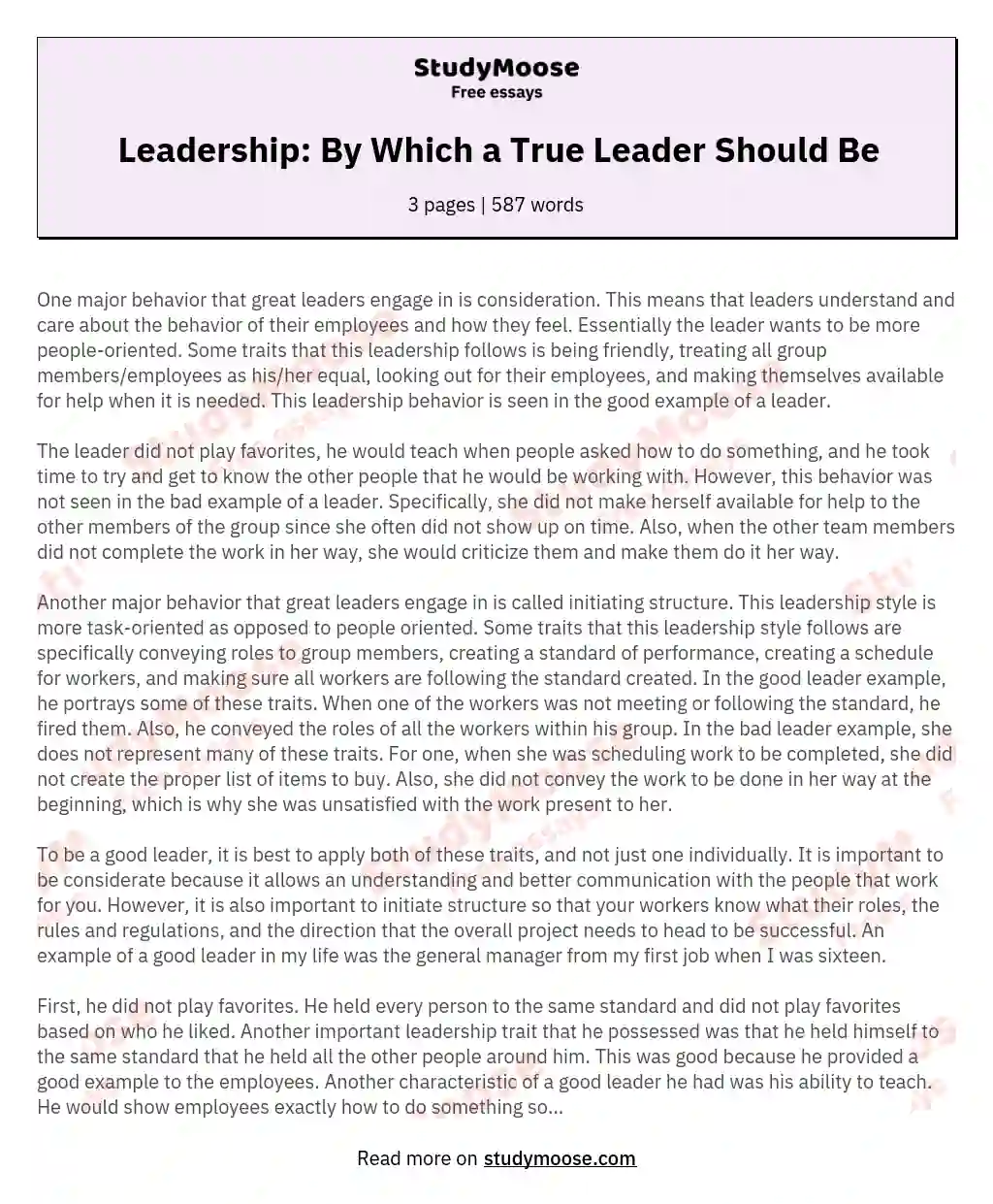 Leadership: By Which a True Leader Should Be essay