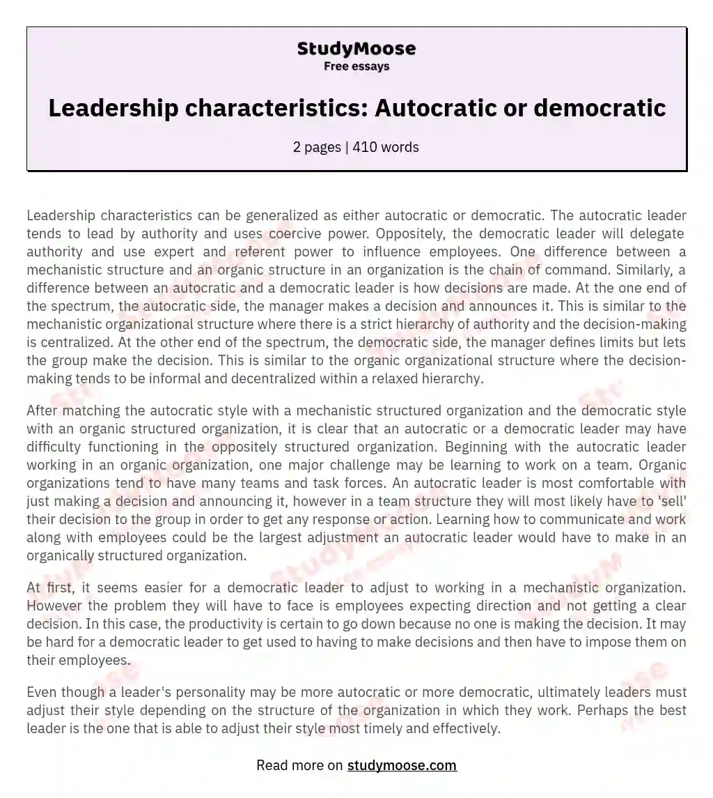 essay on autocratic leadership
