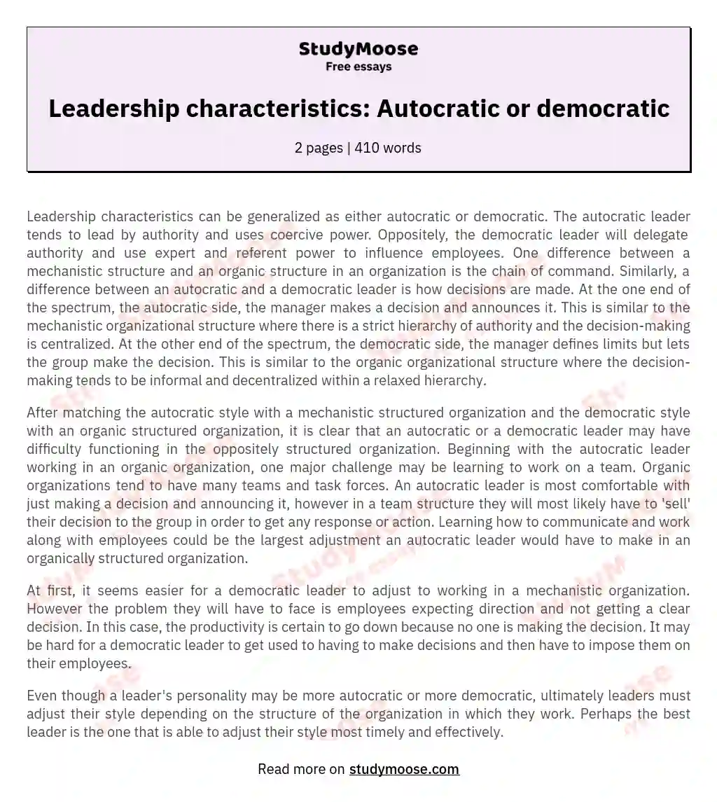 essay about democratic leadership in community