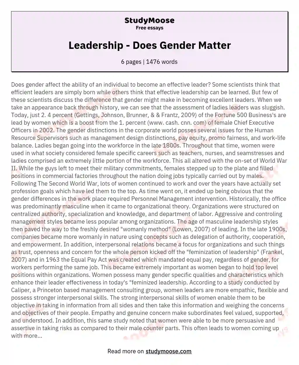 Leadership - Does Gender Matter essay