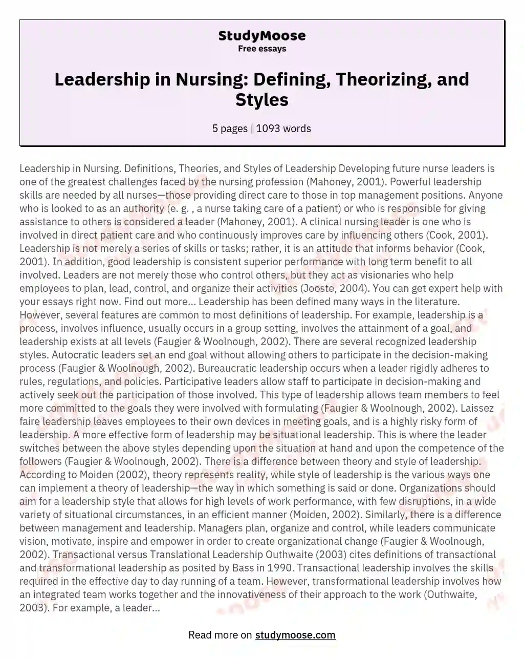 Leadership in Nursing: Defining, Theorizing, and Styles essay