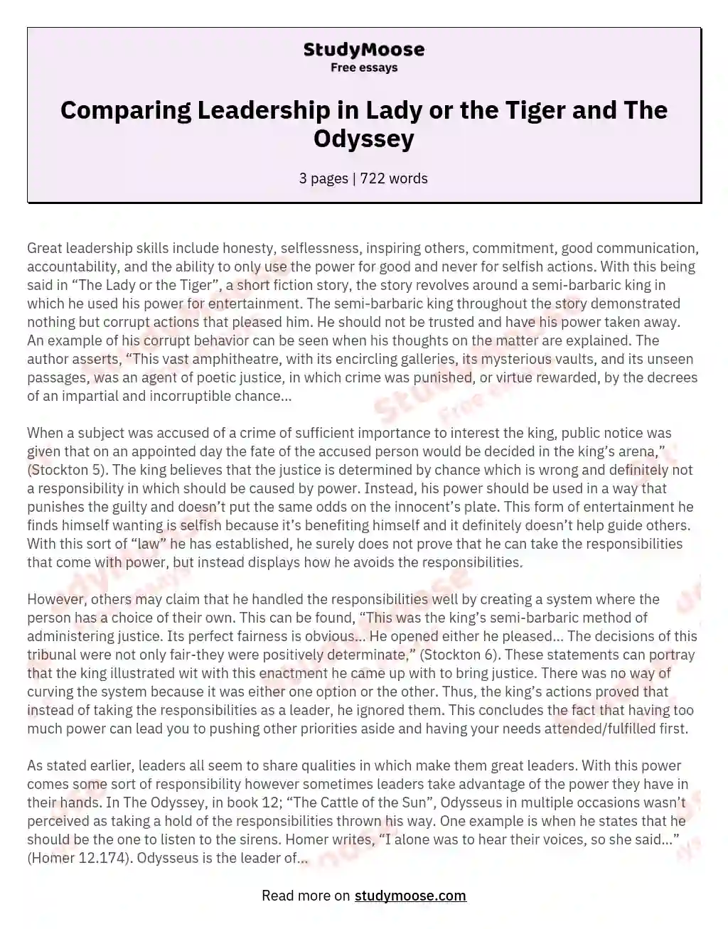 Comparing Leadership in Lady or the Tiger and The Odyssey essay