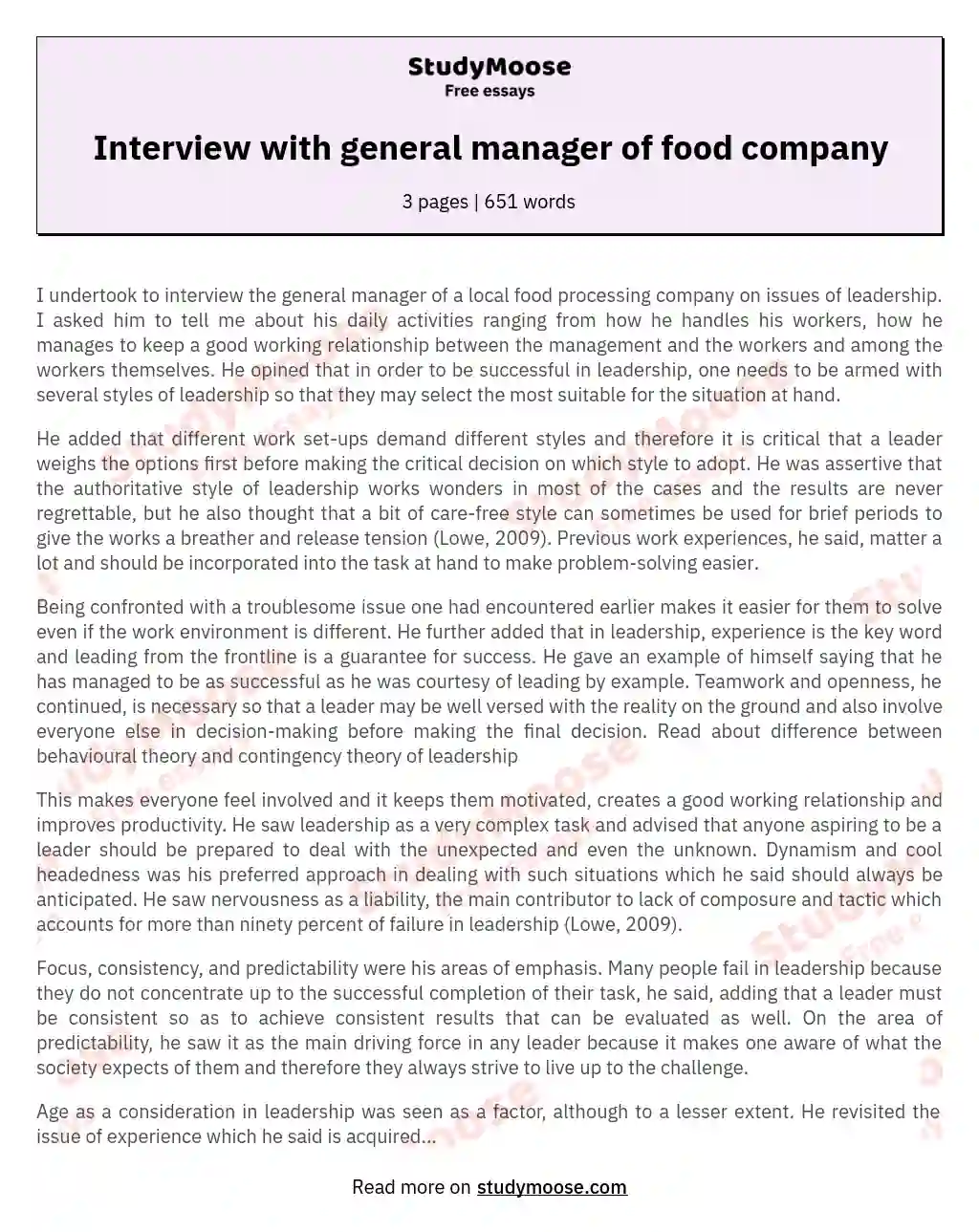 Interview with general manager of food company essay