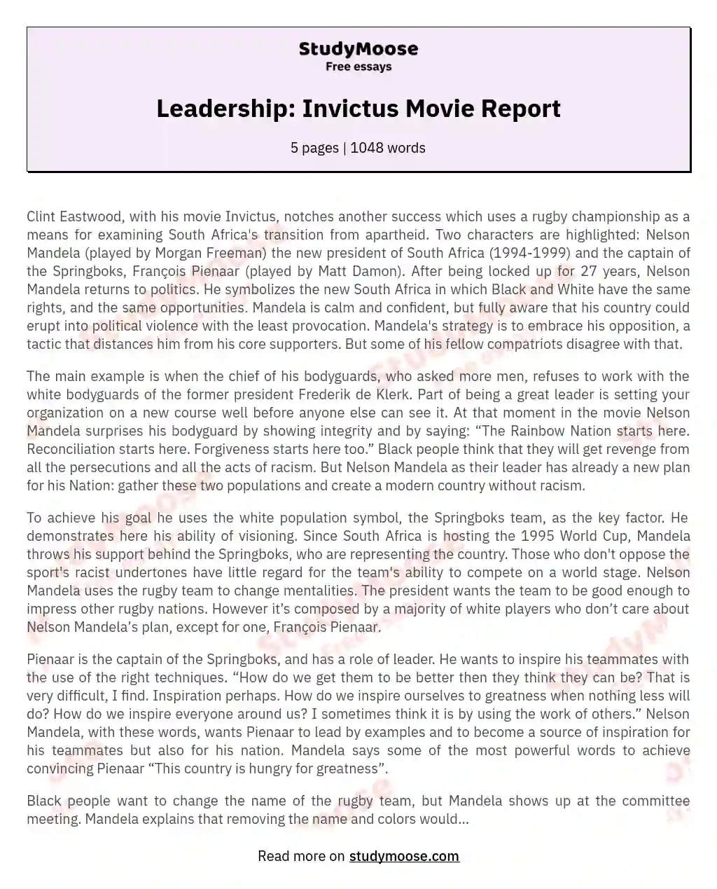 Leadership: Invictus Movie Report essay