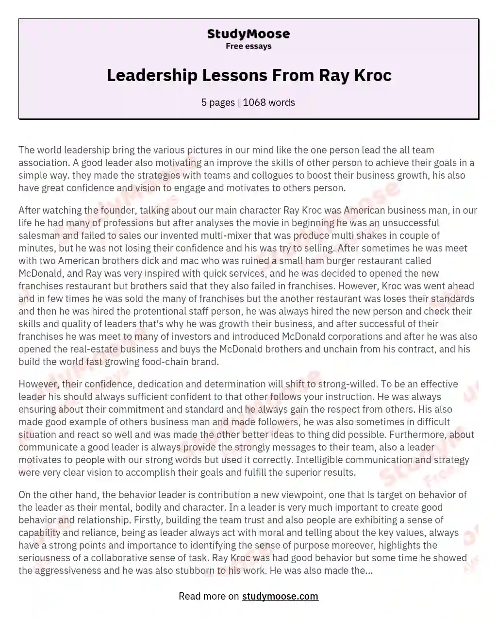 Leadership Lessons From Ray Kroc essay