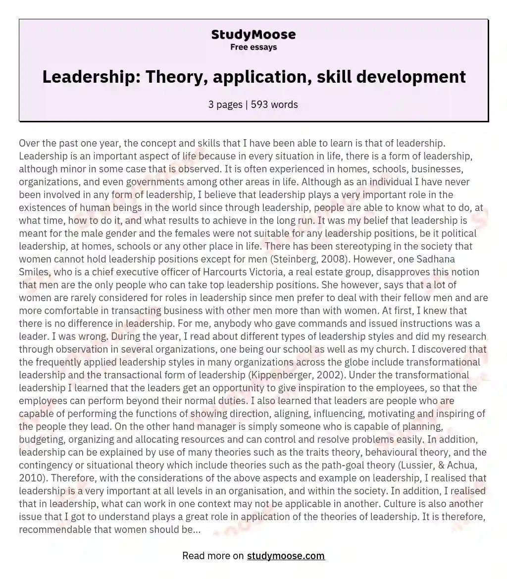 Leadership: Theory, application, skill development essay