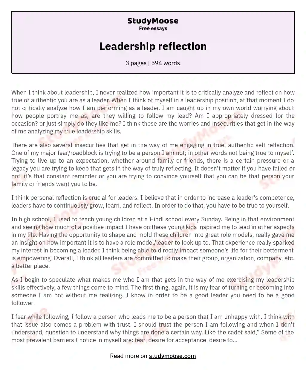 personal reflection on leadership essay