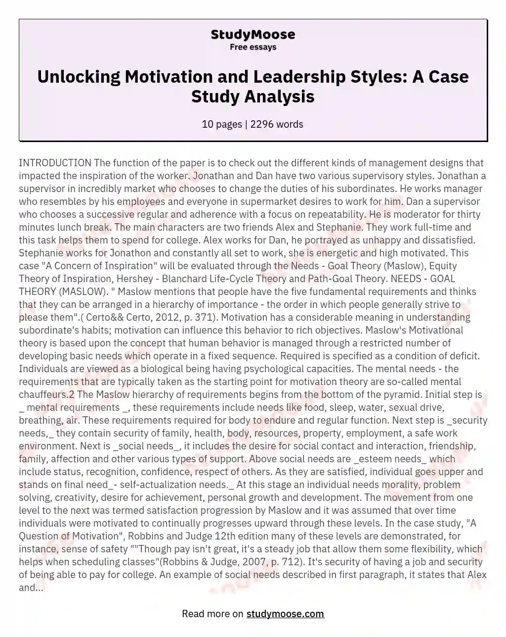 Unlocking Motivation and Leadership Styles: A Case Study Analysis essay